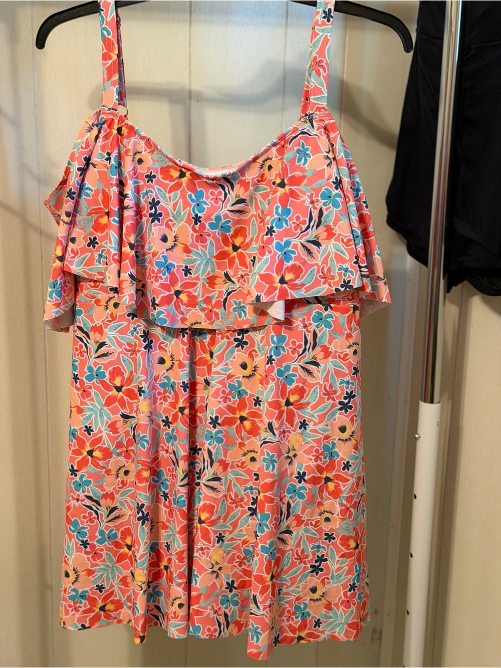 BloomChic Coral Pink Floral Ruffle Sundress with Teal Accents